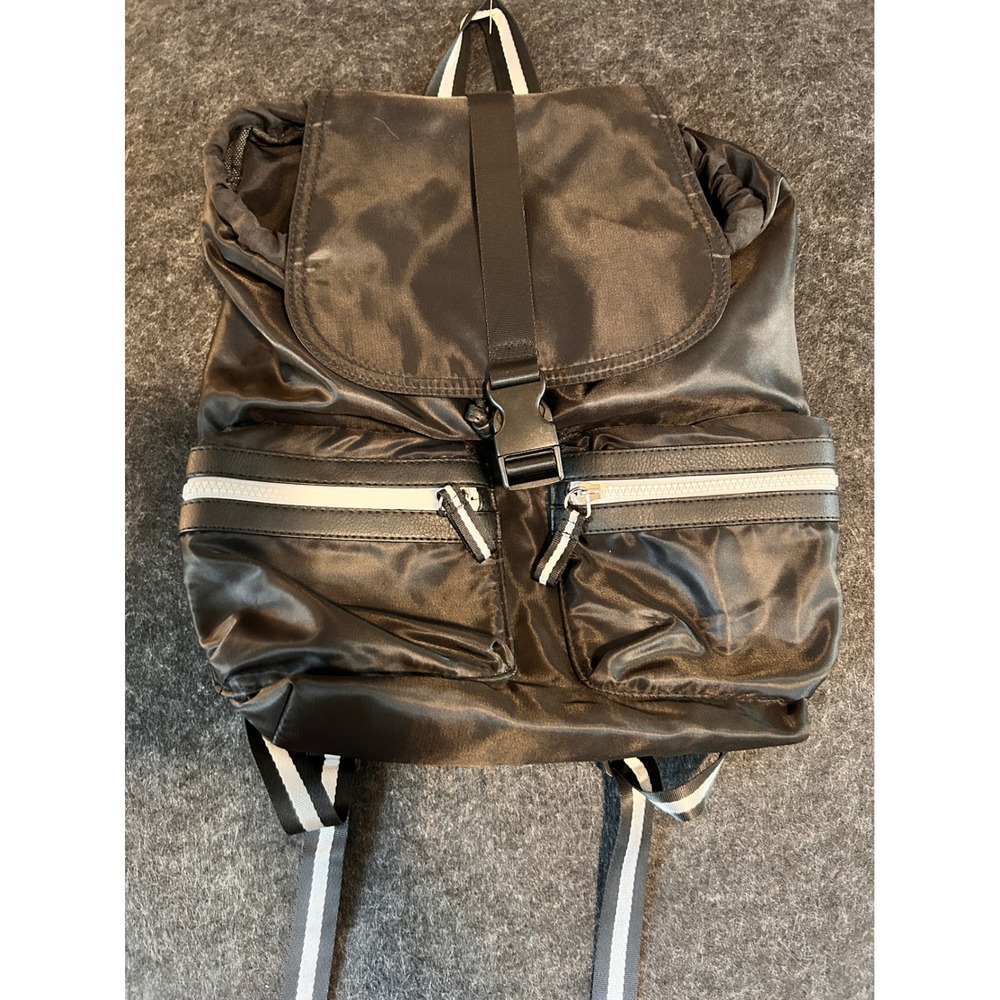 Black Nylon‎ Drawstring Backpack with Striped Straps and Front Zip Pockets